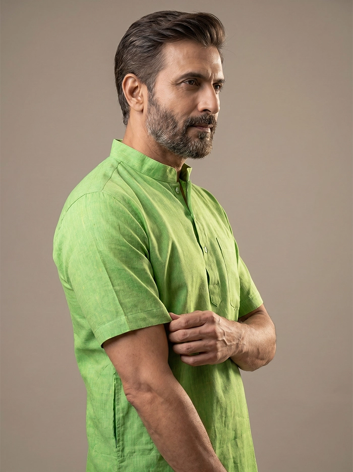 Yellow Green Organic Cotton Half Sleeves Men Kurta