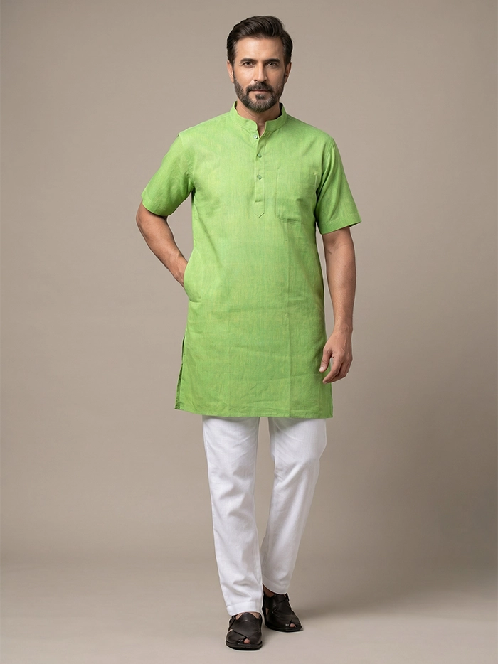 Yellow Green Organic Cotton Half Sleeves Men Kurta