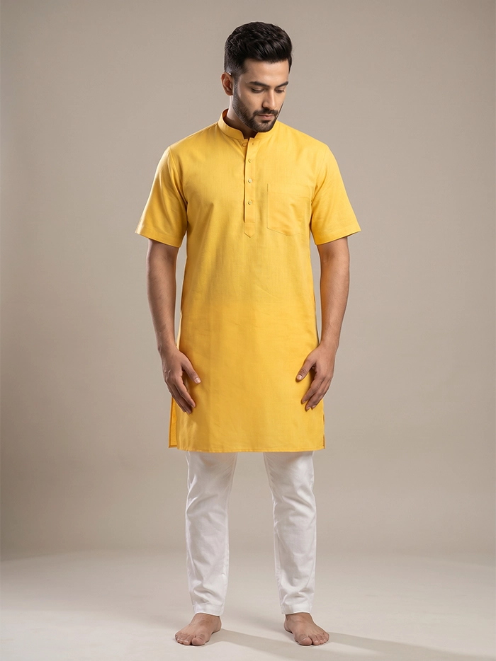 Yellow Organic Cotton Half Sleeves Men Kurta