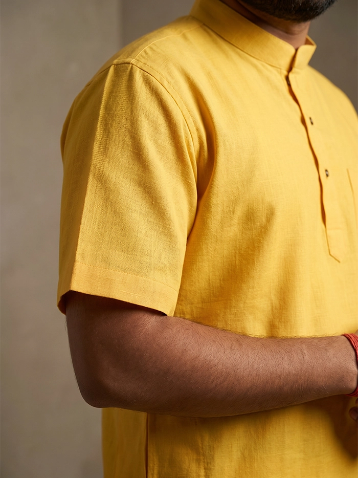 Yellow Organic Cotton Half Sleeves Men Kurta