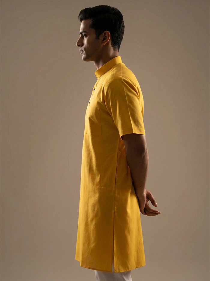 Yellow Organic Cotton Half Sleeves Men Kurta