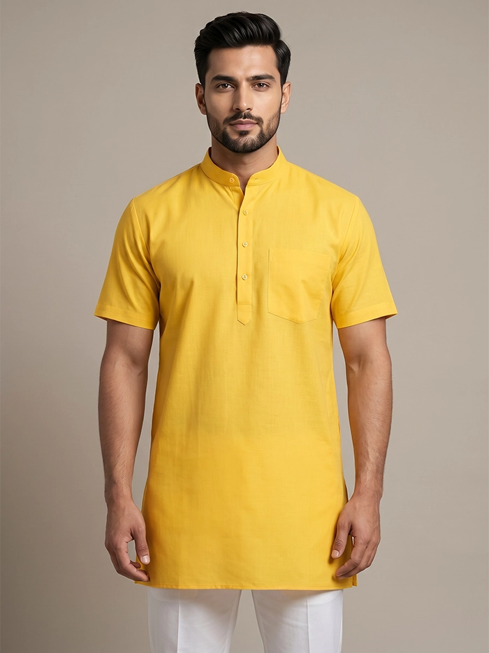Yellow Organic Cotton Half Sleeves Men Kurta