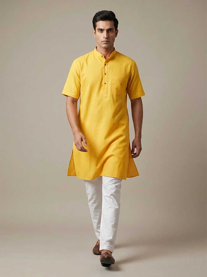 Yellow Organic Cotton Half Sleeves Men Kurta