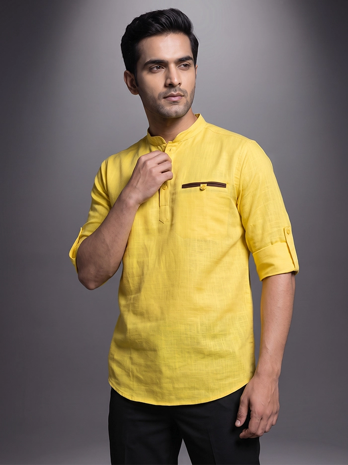 Yellow Slab Cotton Full Sleeves Men Short Kurta