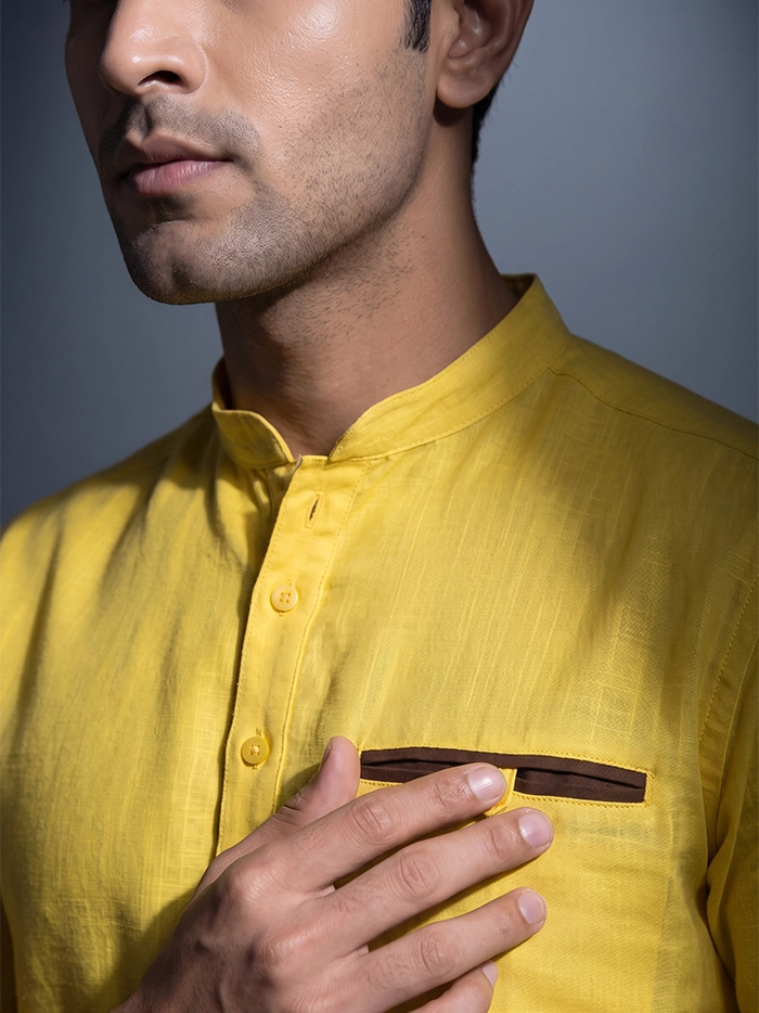 Yellow Slab Cotton Full Sleeves Men Short Kurta