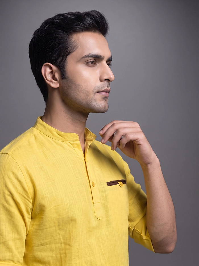 Yellow Slab Cotton Full Sleeves Men Short Kurta