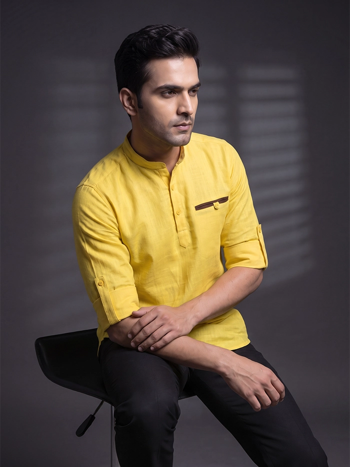 Yellow Slab Cotton Full Sleeves Men Short Kurta