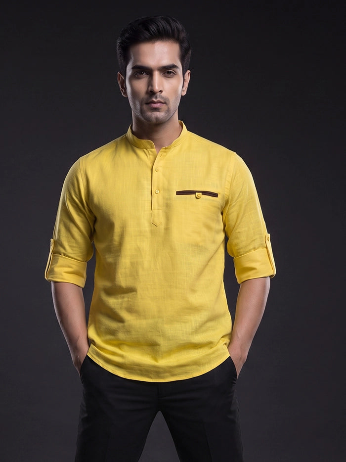Yellow Slab Cotton Full Sleeves Men Short Kurta