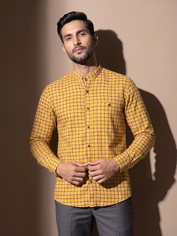 Yellow Woven Checks Organic Cotton Fitted Men Shirt