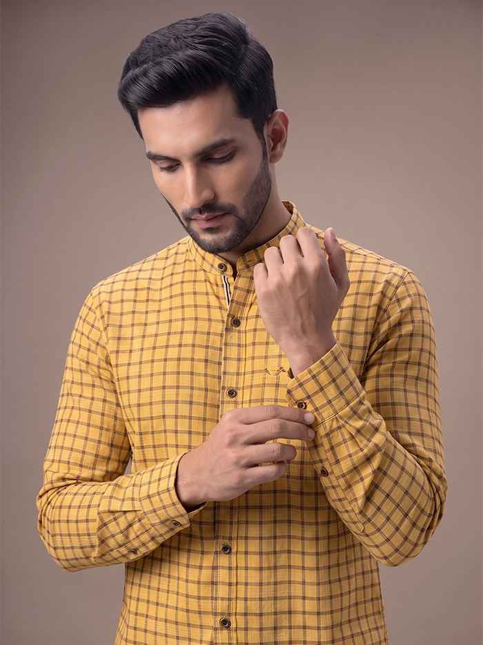 Yellow Woven Checks Organic Cotton Fitted Men Shirt