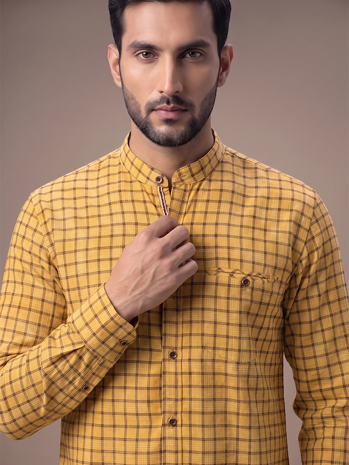 Yellow Woven Checks Organic Cotton Fitted Men Shirt