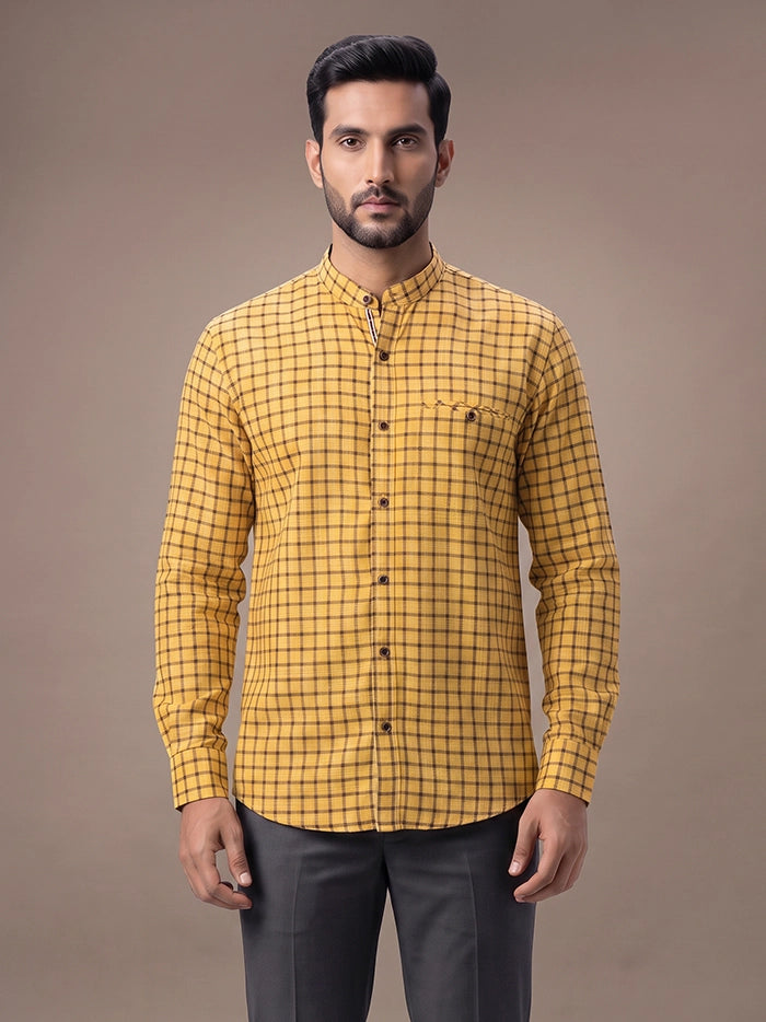 Yellow Woven Checks Organic Cotton Fitted Men Shirt