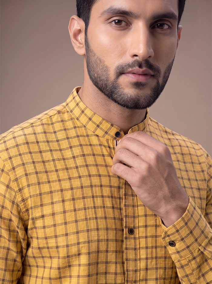 Yellow Woven Checks Organic Cotton Fitted Men Shirt