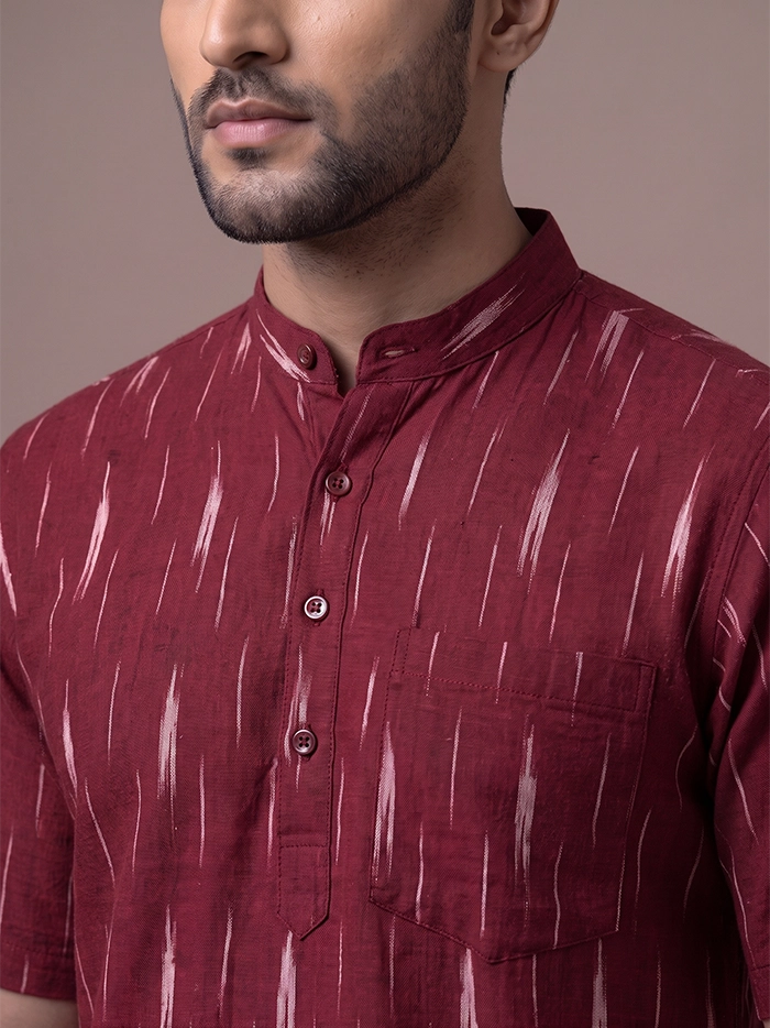 Maroon Organic Cotton Ikkat Half Sleeves Men Kurta