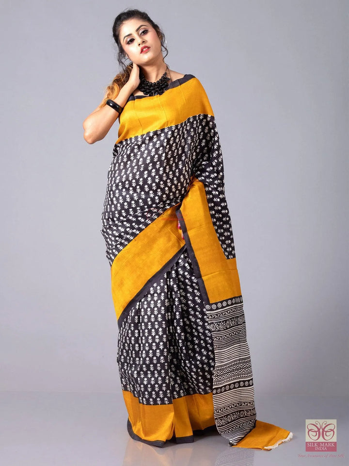 Allover Block Printed Murshidabad Silk Saree - WeaversIndia