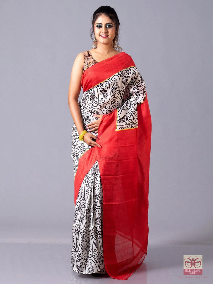 Allover Block Printed Murshidabad Silk Saree - WeaversIndia