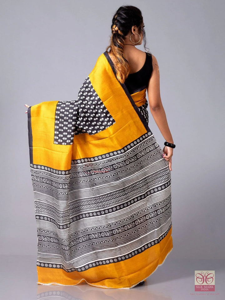 Allover Block Printed Murshidabad Silk Saree - WeaversIndia