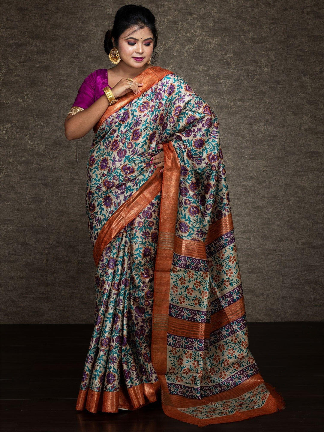 Allover Floral Block Printed Ghicha Silk Saree - WeaversIndia