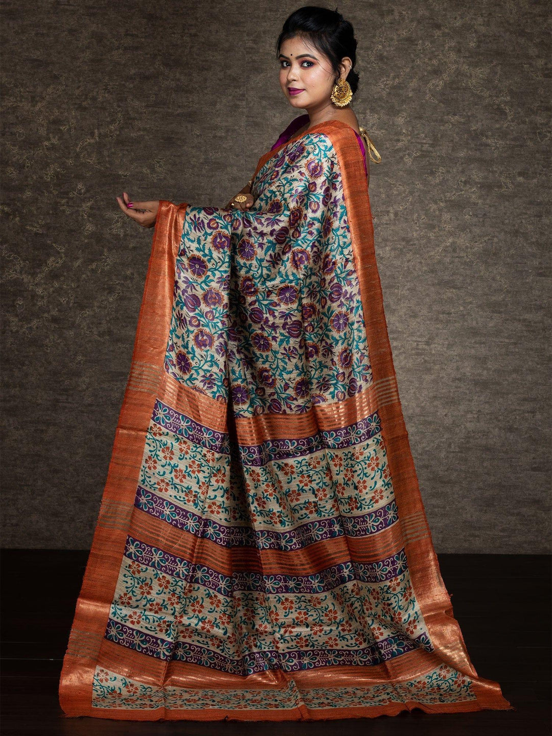 Allover Floral Block Printed Ghicha Silk Saree - WeaversIndia