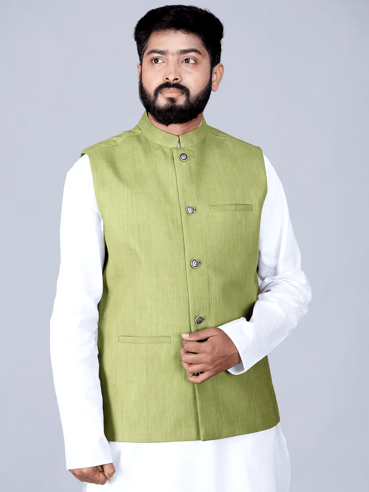 Apple Green Handwoven Cotton Modi Jacket - WeaversIndia
