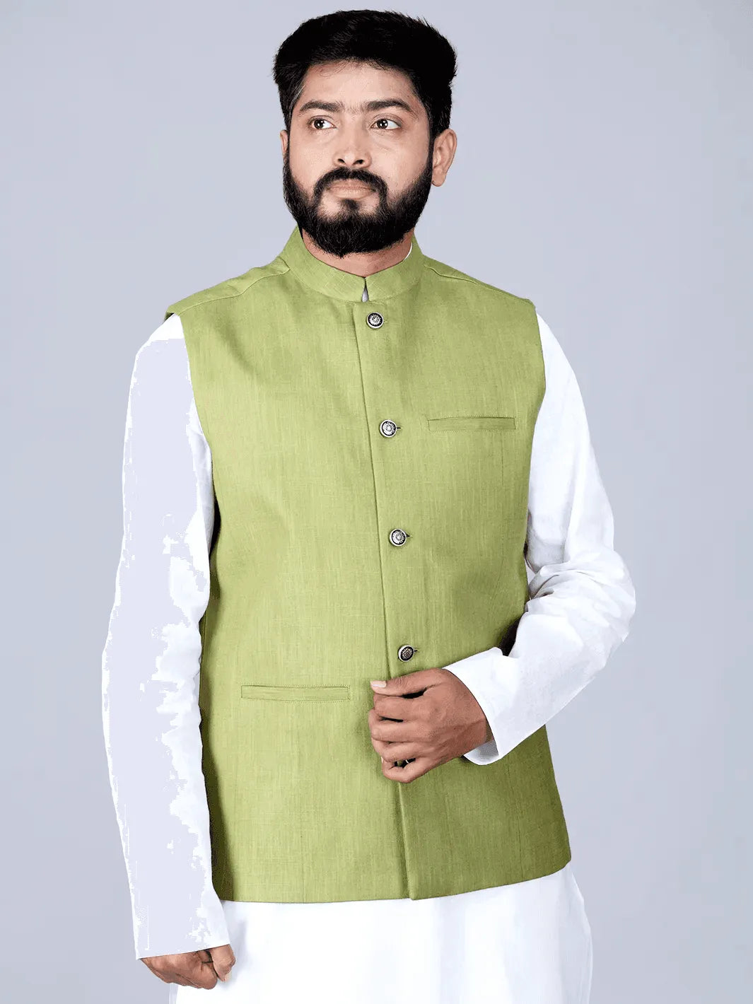 Apple Green Handwoven Cotton Modi Jacket - WeaversIndia