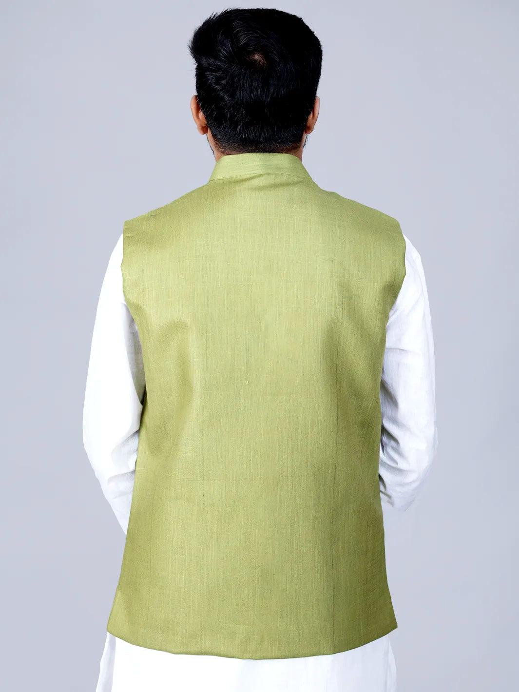 Apple Green Handwoven Cotton Modi Jacket - WeaversIndia