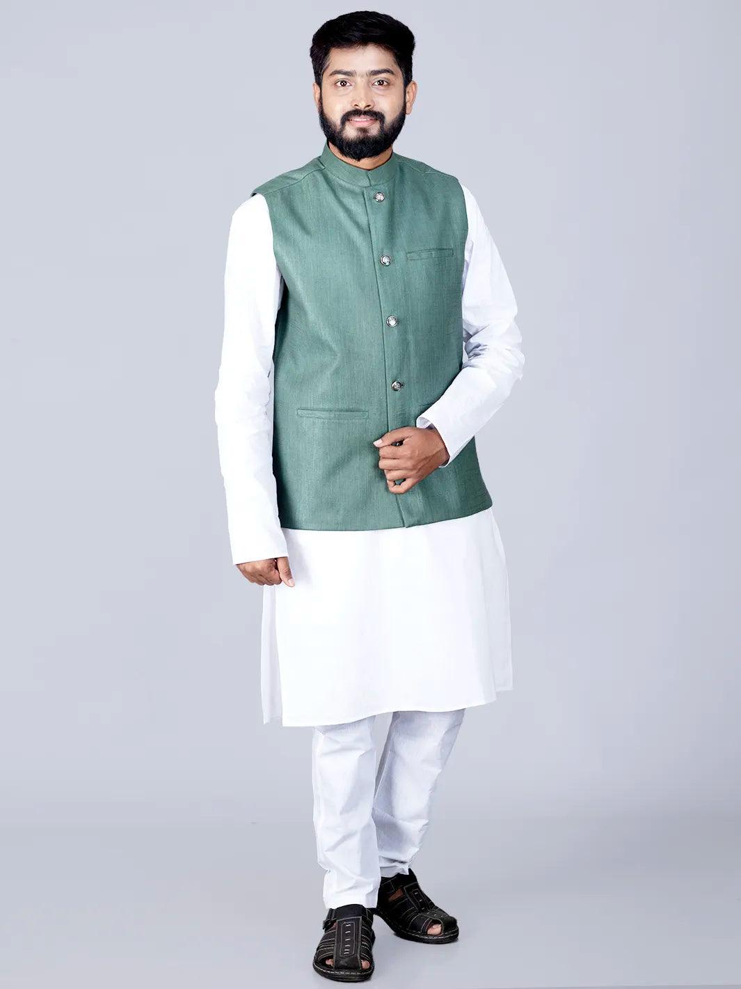 Artichoke Green Handwoven Cotton Modi Jacket - WeaversIndia