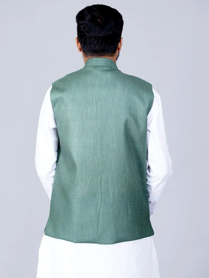 Artichoke Green Handwoven Cotton Modi Jacket - WeaversIndia