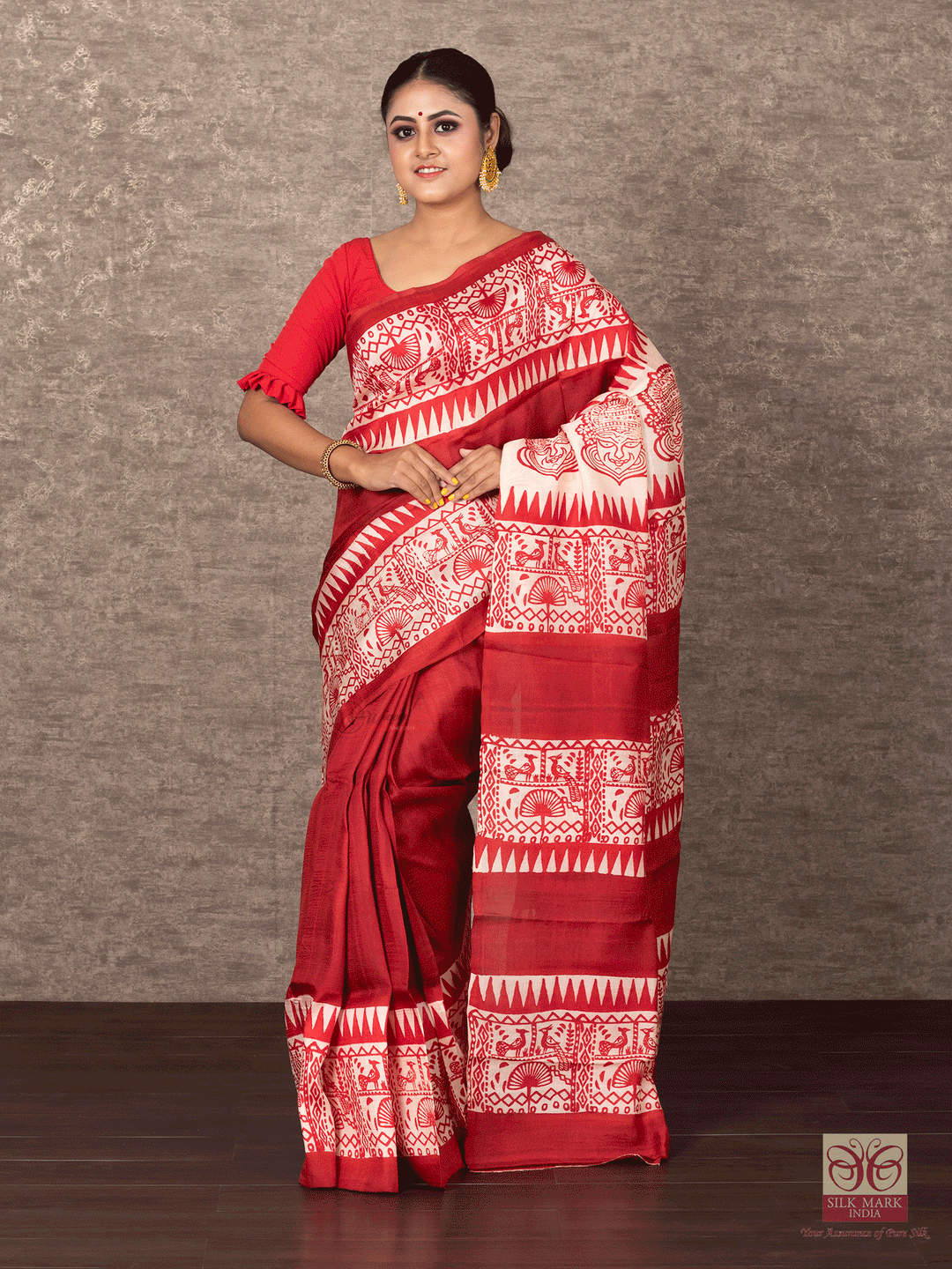 auburn-par-anchal-block-printed-murshidabad-silk-saree-weaversindia-1 - WeaversIndia