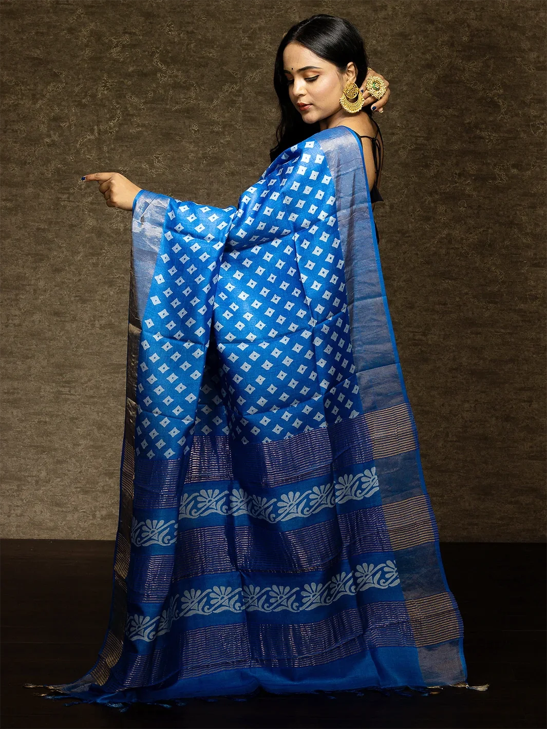 Azure Blue Allover Block Printed Tussar Silk Saree - WeaversIndia