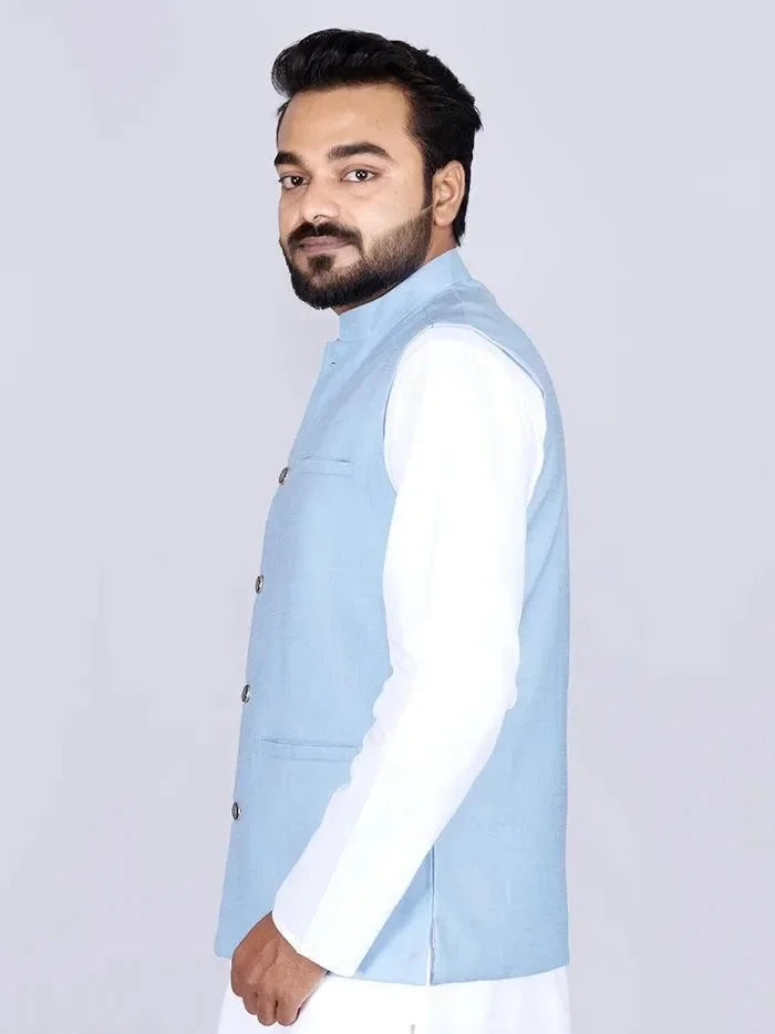 Baby Blue Handwoven Cotton Modi Jacket - WeaversIndia