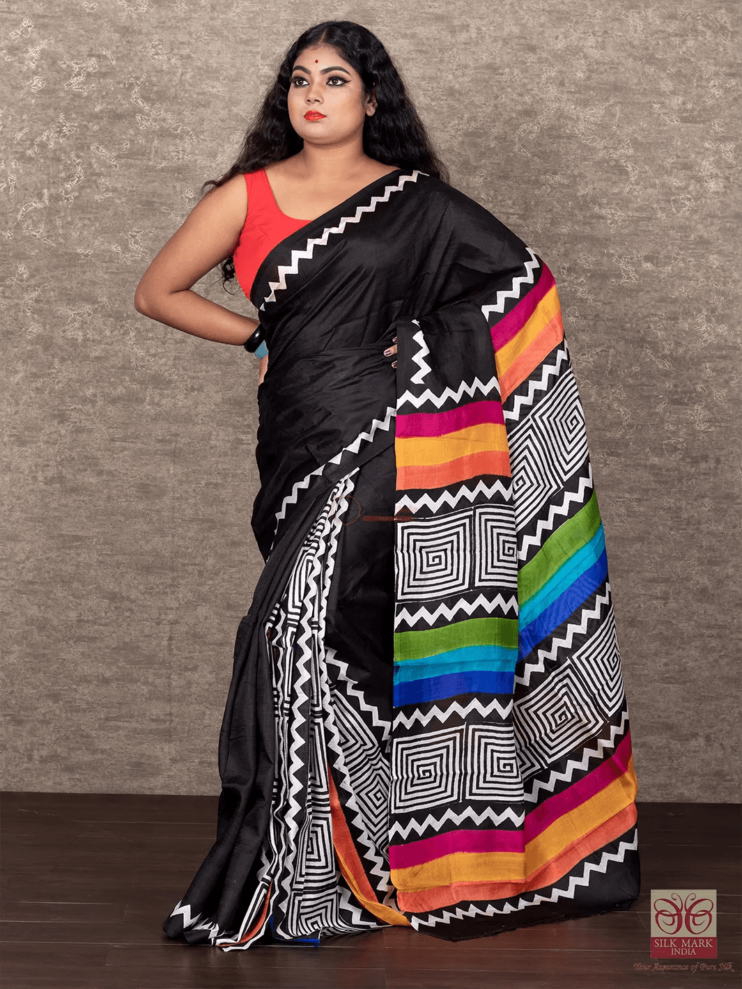 Beautiful Black Multi Color Half Half Silk Printed Saree - WeaversIndia