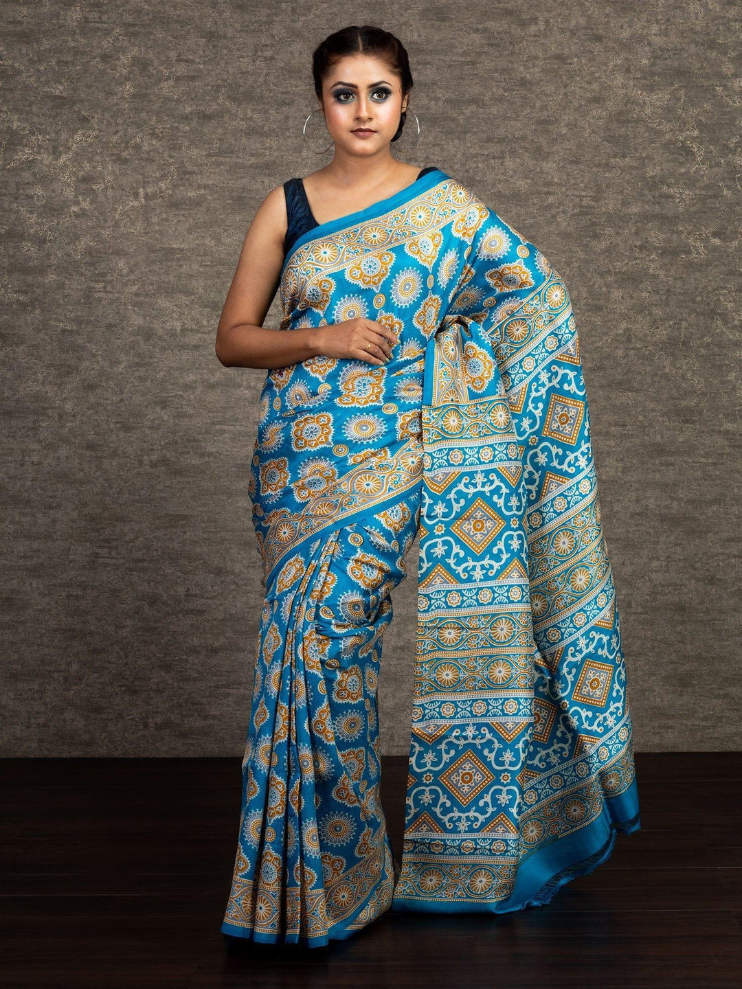 Beautiful Multi Color Ajrakh Printed Silk Saree - WeaversIndia