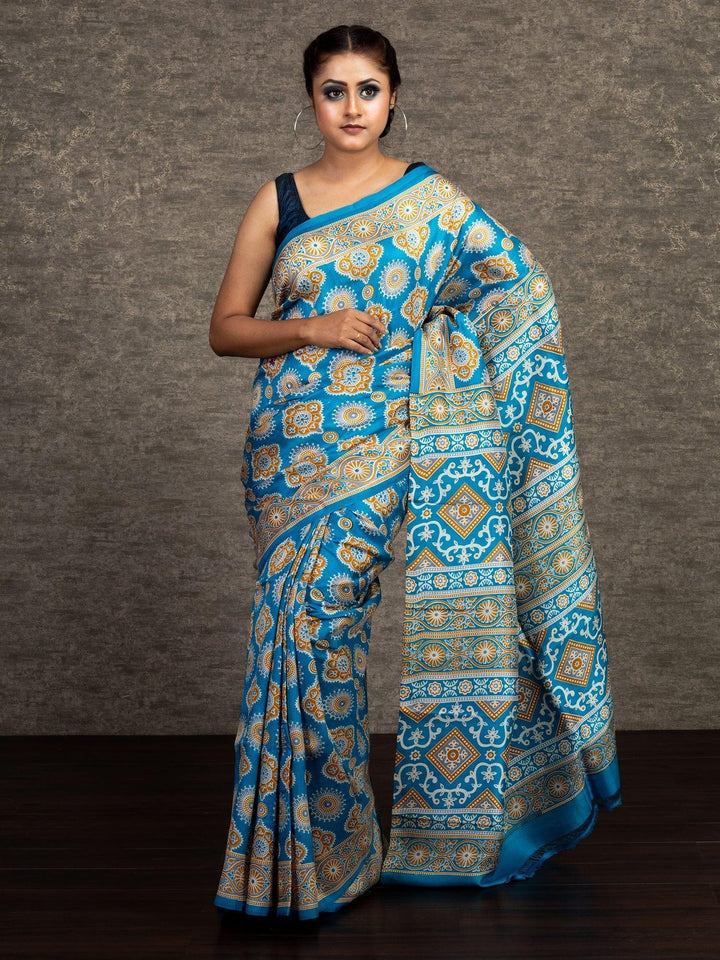 Beautiful Multi Color Ajrakh Printed Silk Saree - WeaversIndia