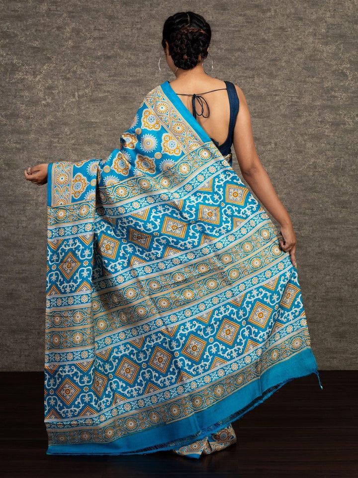 Beautiful Multi Color Ajrakh Printed Silk Saree - WeaversIndia