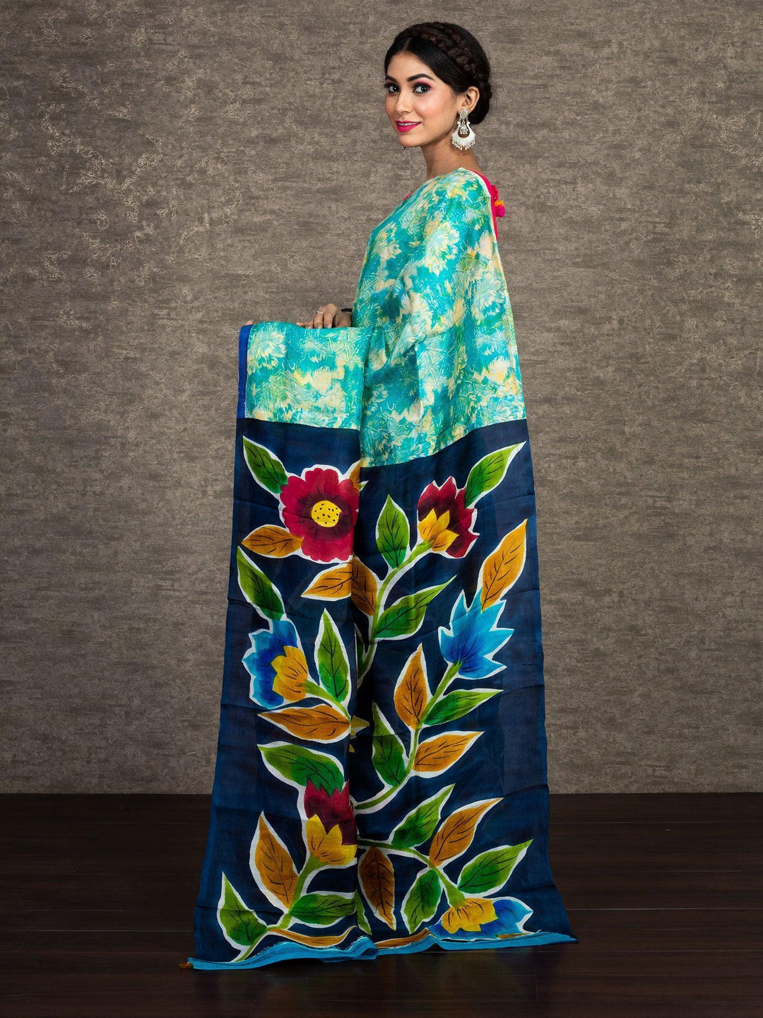 Beautiful Multi Color Allover Block Painted Silk Saree - WeaversIndia