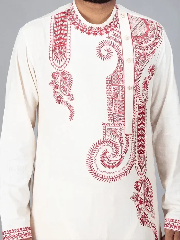 Beige Handwoven Organic Cotton Embroidered Men Kurta - WeaversIndia