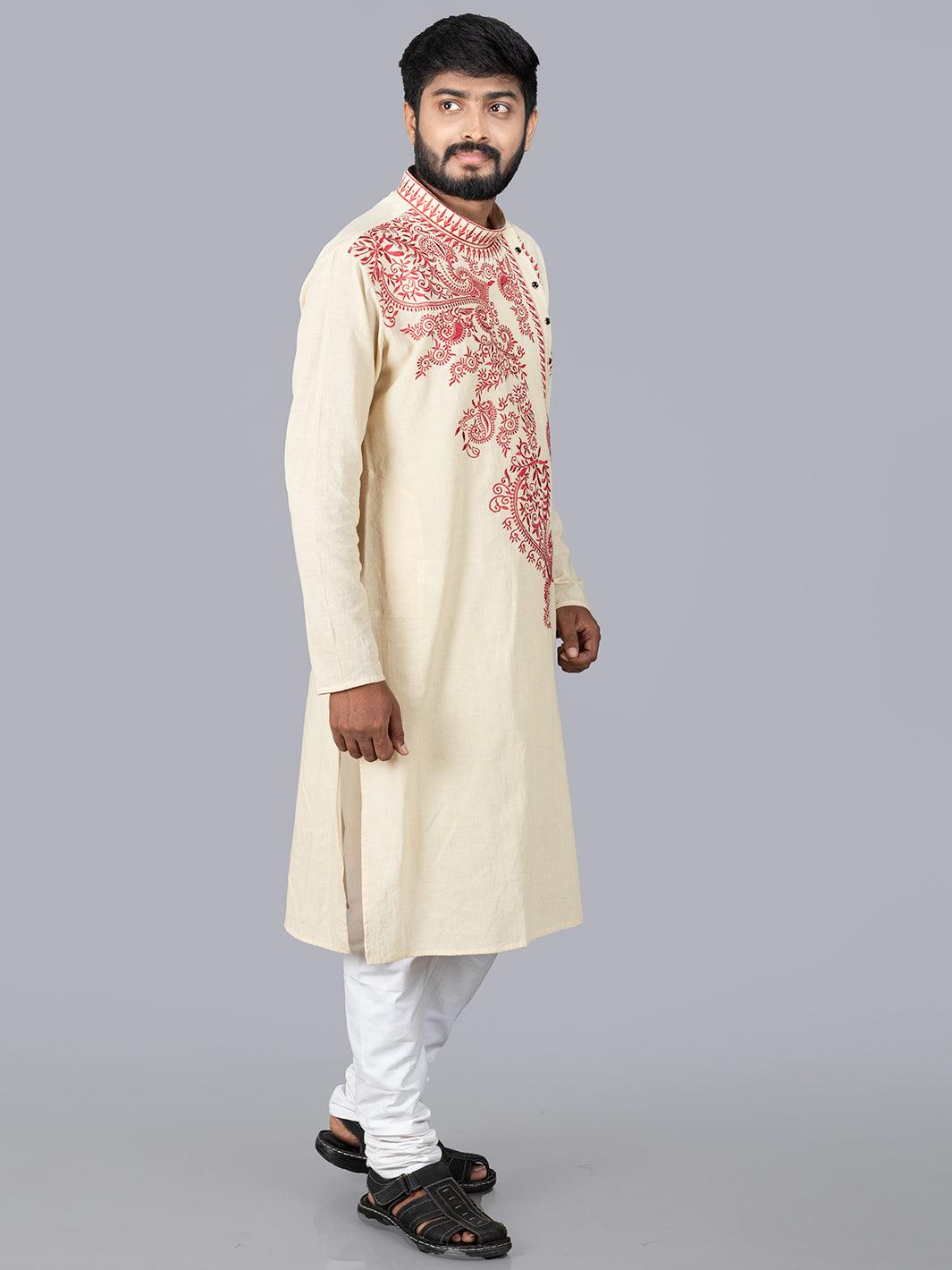 Beige Handwoven Organic Cotton Embroidered Men Kurta - WeaversIndia