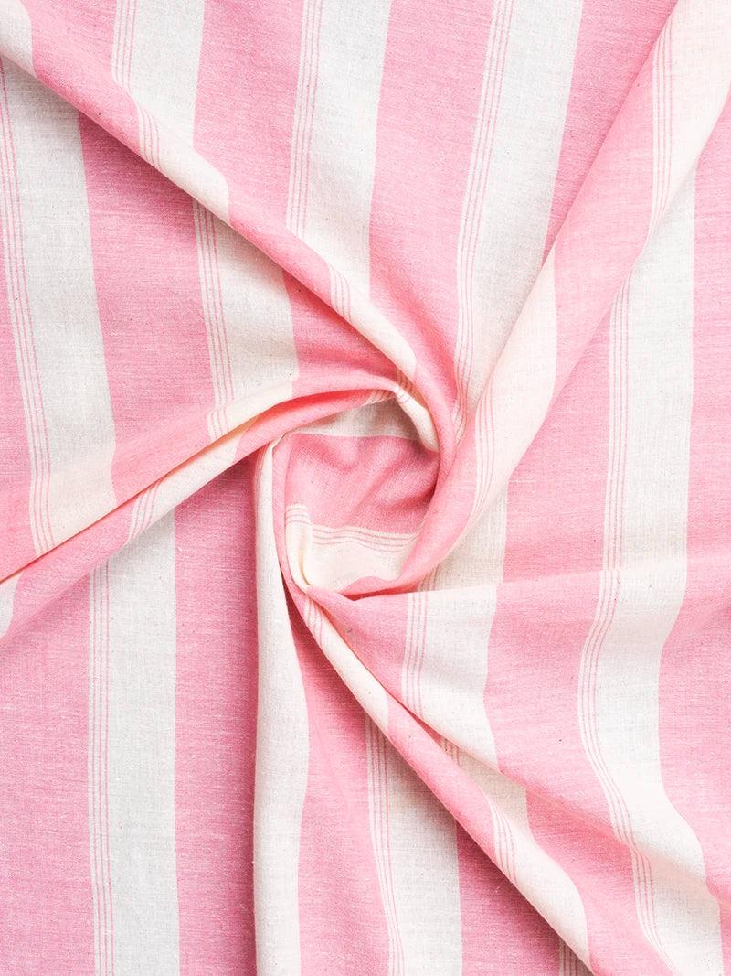 Beige Pink Striped Handwoven Organic Cotton Fabric - WeaversIndia