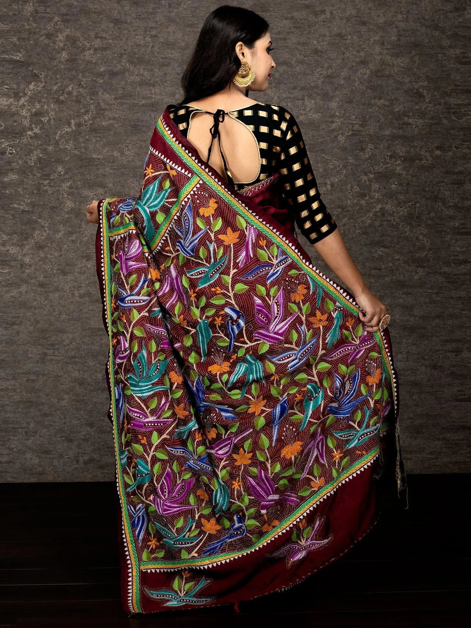 Bird Motif Nakshi Kantha Stitch Bangalore Silk Saree - WeaversIndia