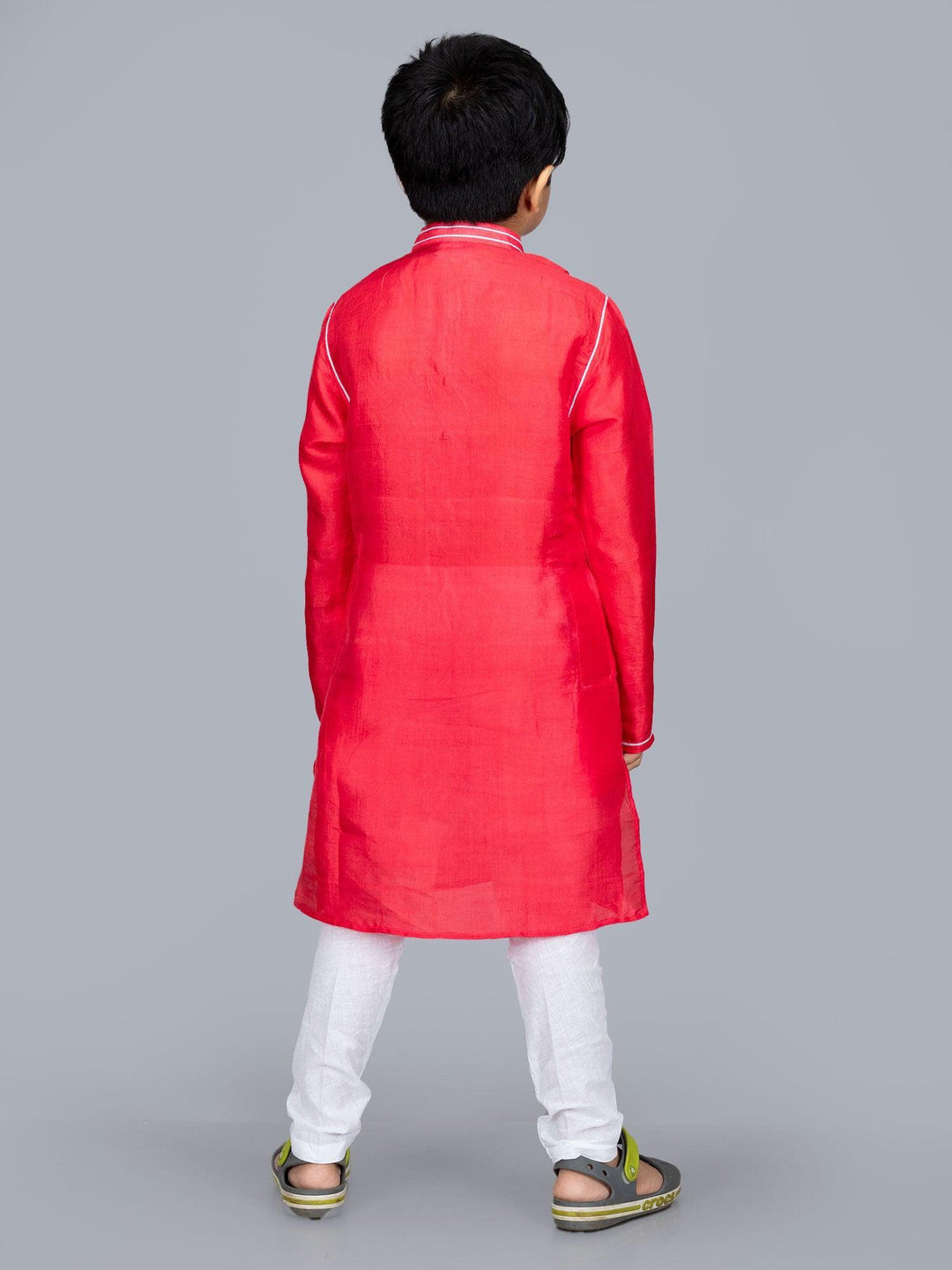 Bishnupuri Katan Silk Light Red Boys Long Kurta - WeaversIndia