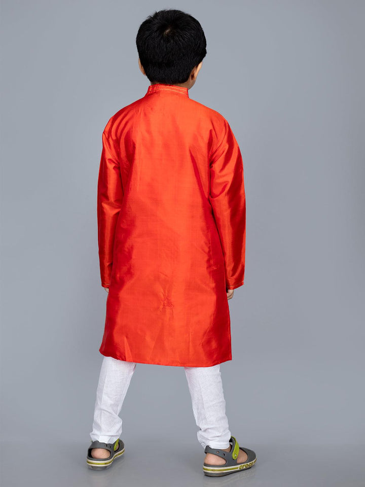 Bishnupuri Katan Silk Orange Boys Long Kurta - WeaversIndia