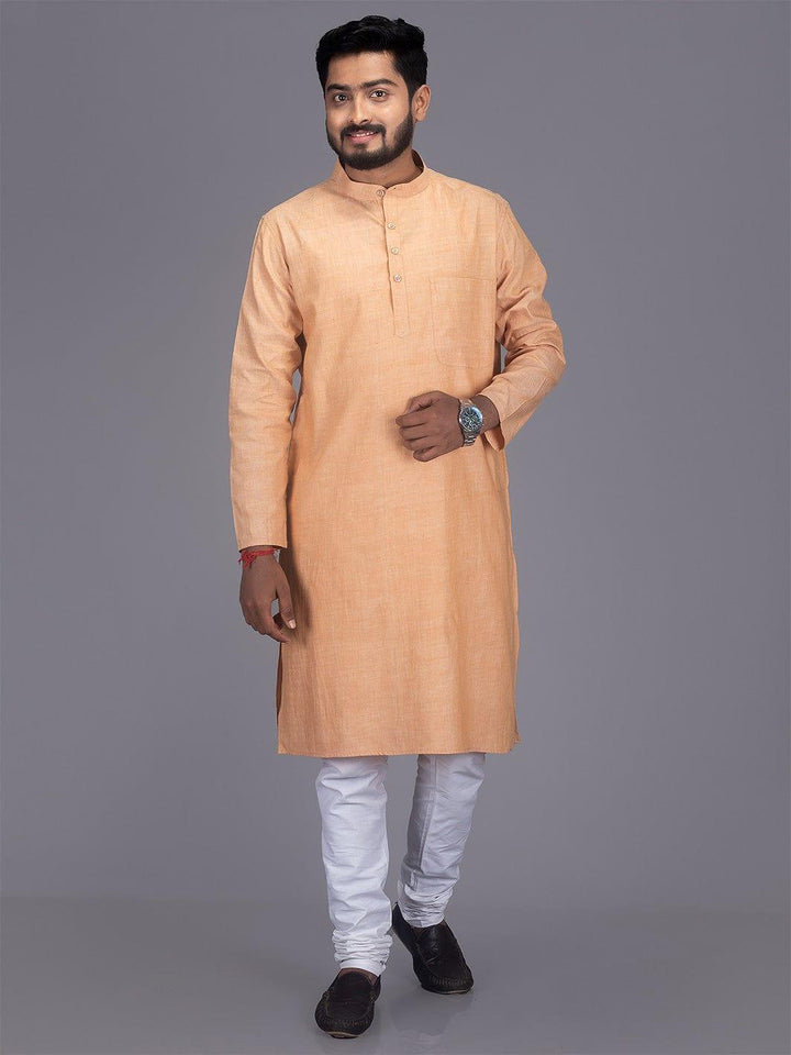Bisque Full Sleeves Handwoven Cotton Men Kurta - WeaversIndia