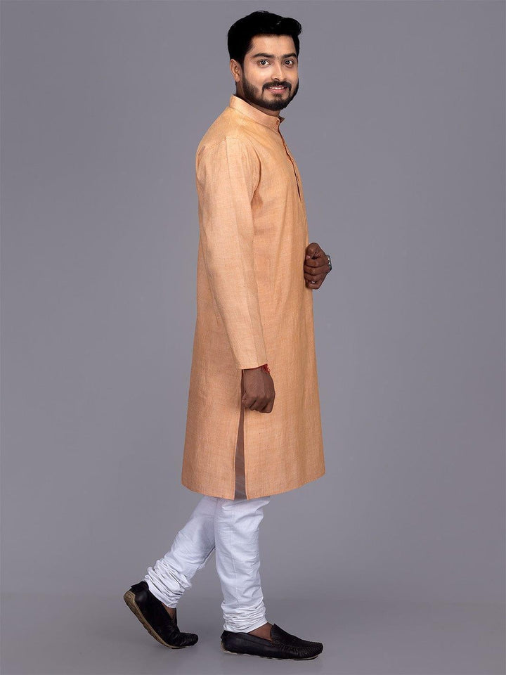 Bisque Full Sleeves Handwoven Cotton Men Kurta - WeaversIndia