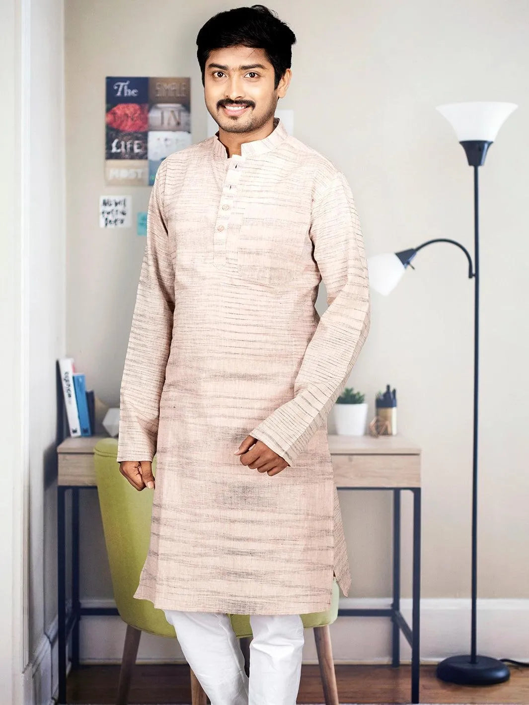 Bisque Handwoven Hand Spun Springs Organic Cotton Men Kurta - WeaversIndia