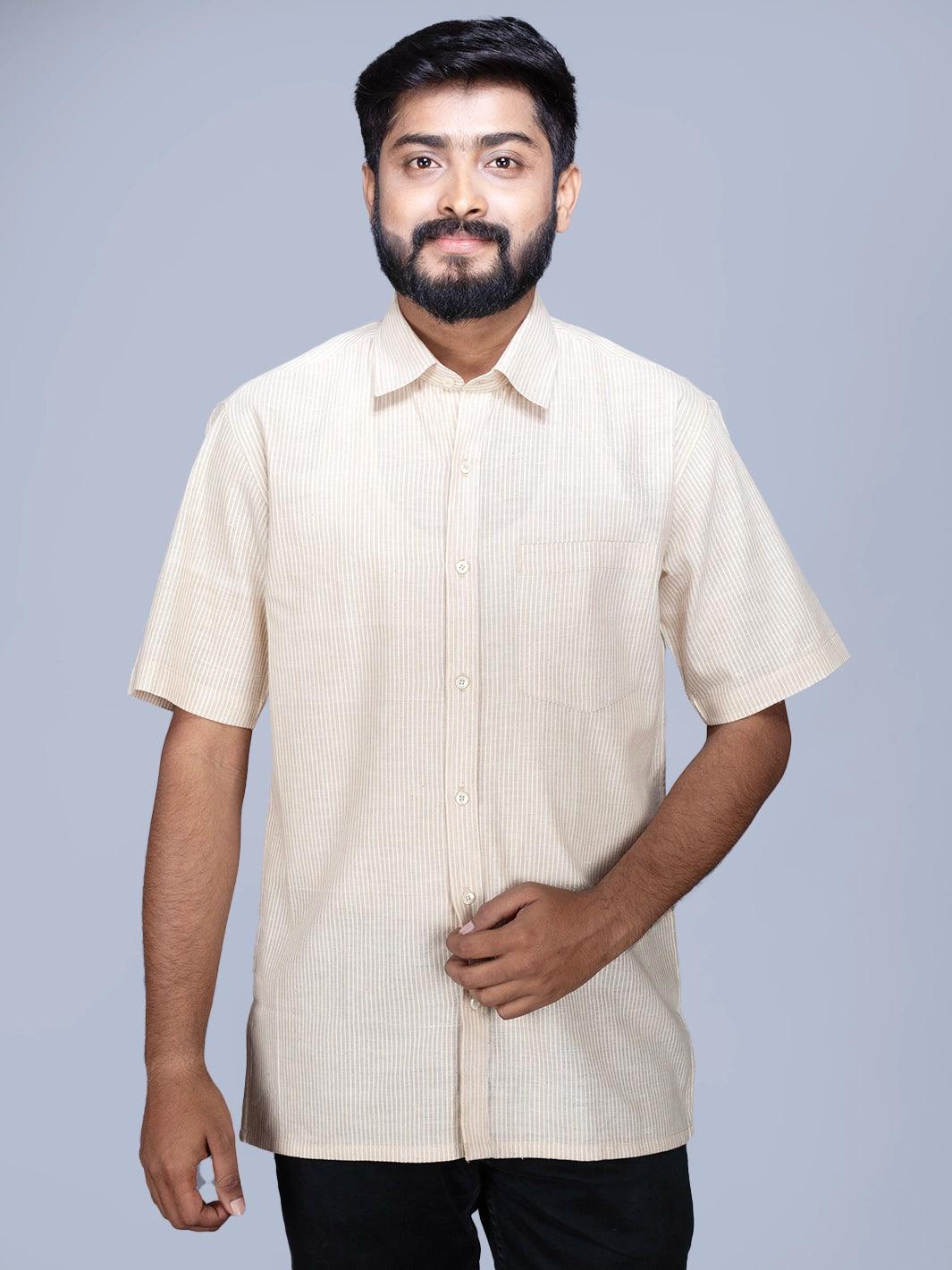 Bisque Handwoven Organic Cotton striped Fitted Men Shirt - WeaversIndia