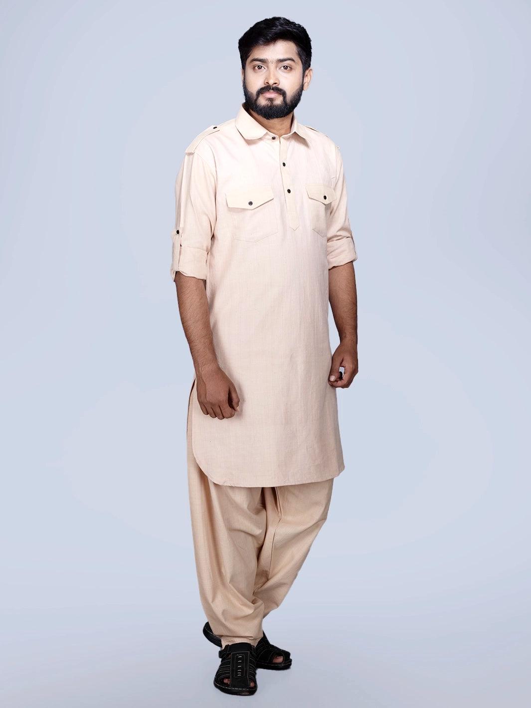 Bisque Organic Cotton Men Pathani Kurta Pajama Set - WeaversIndia