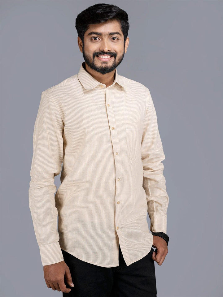 Bisque Striped Handwoven Cotton Men Casual Shirt - WeaversIndia