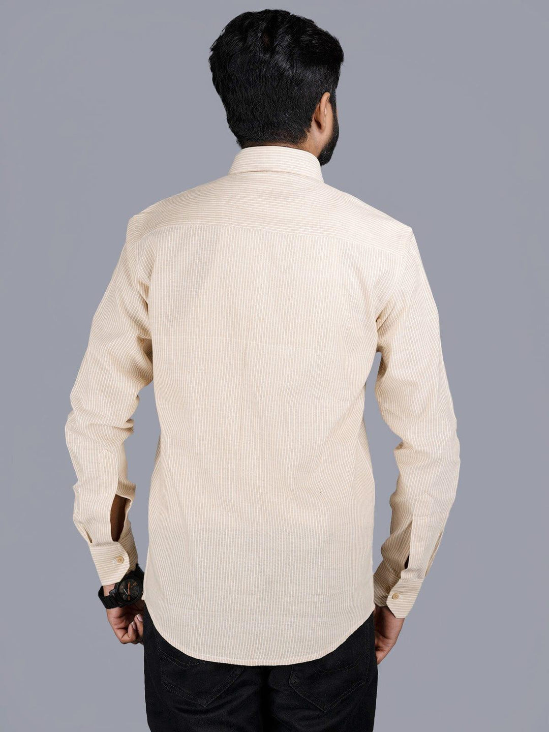 Bisque Striped Handwoven Cotton Men Casual Shirt - WeaversIndia
