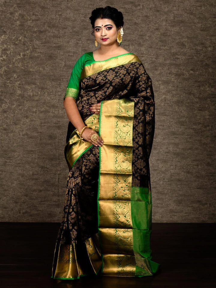 Black Allover Kanchipuram Silk Bridal Saree - WeaversIndia